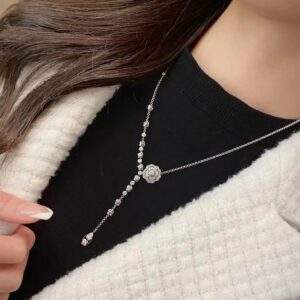 925 Sterling Silver Camellia Tassel Flower Necklace Close Up