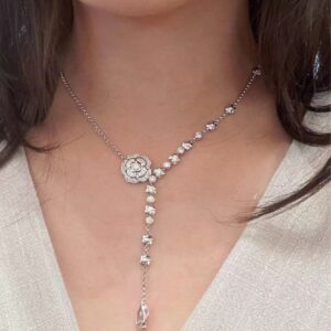 925 Sterling Silver Camellia Tassel Flower Necklace Jewelry Display