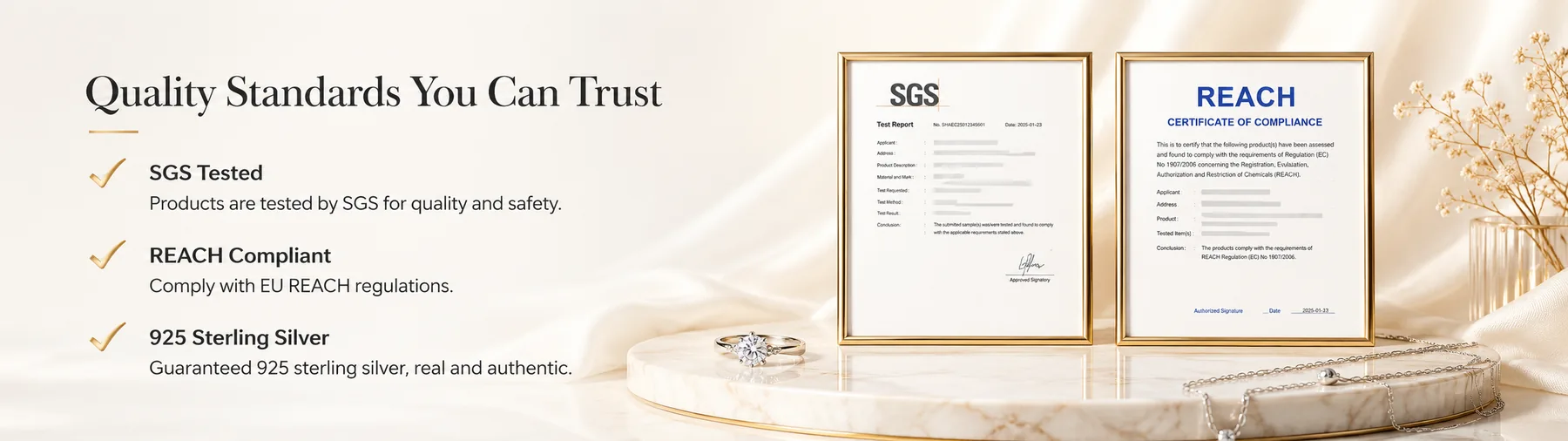 SGS REACH and 925 sterling silver jewelry quality standards