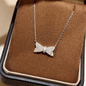 925 Sterling Silver Double Layer Pave Bow Necklace Detail