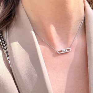 925 Sterling Silver Full Pave Three Stone Sliding Necklace Close Up