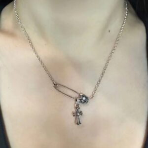 925 Sterling Silver Safety Pin Cross Necklace Close Up