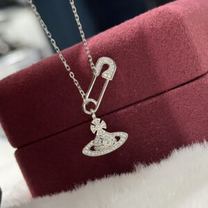 925 Sterling Silver Safety Pin Saturn Necklace Close Up