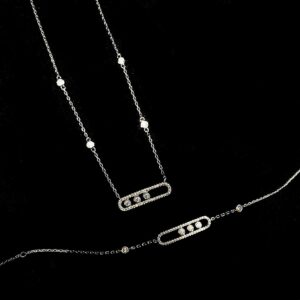 925 Sterling Silver Three Stone Paperclip Necklace Close Up