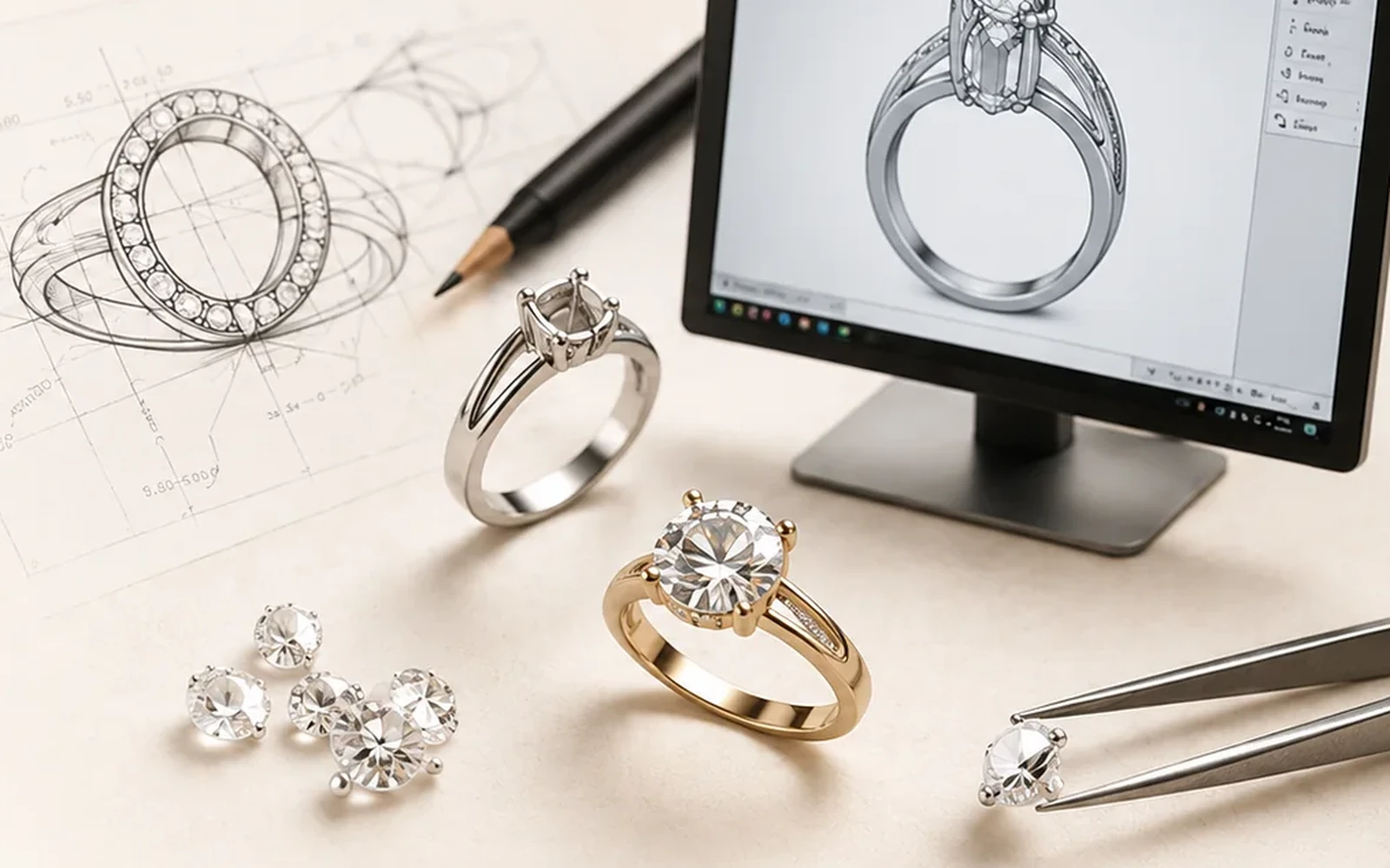 Jewelry manufacturing workbench with sterling silver jewelry design process
