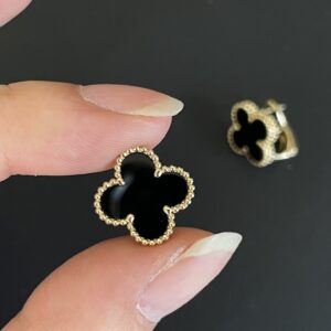 Gold Plated 925 Sterling Silver Black Clover Stud Earrings Close Up