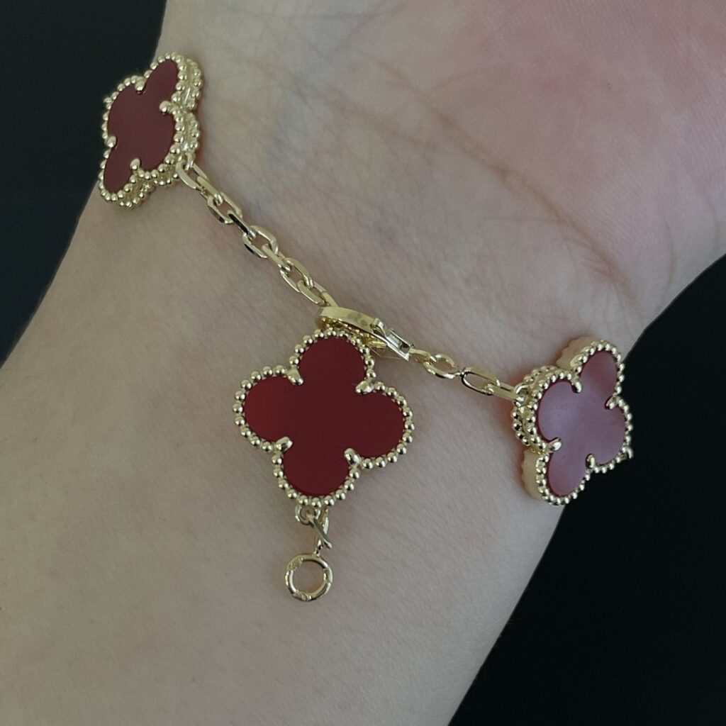 Gold Plated 925 Sterling Silver Red Clover Charm Bracelet Wholesale