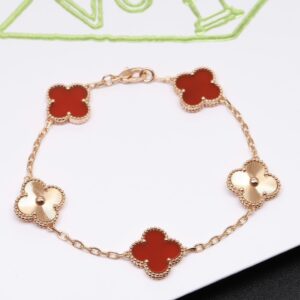 Gold Plated 925 Sterling Silver Red Clover Station Bracelet Close Up
