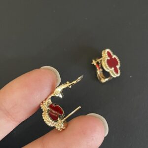 Gold Plated 925 Sterling Silver Red Clover Stud Earrings Close Up