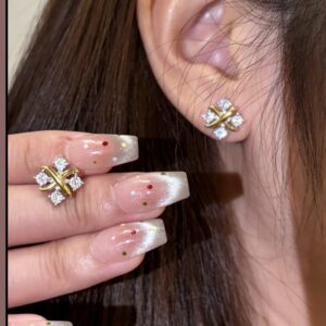 Two Tone 925 Sterling Silver Cross Pave Stud Earrings Detail