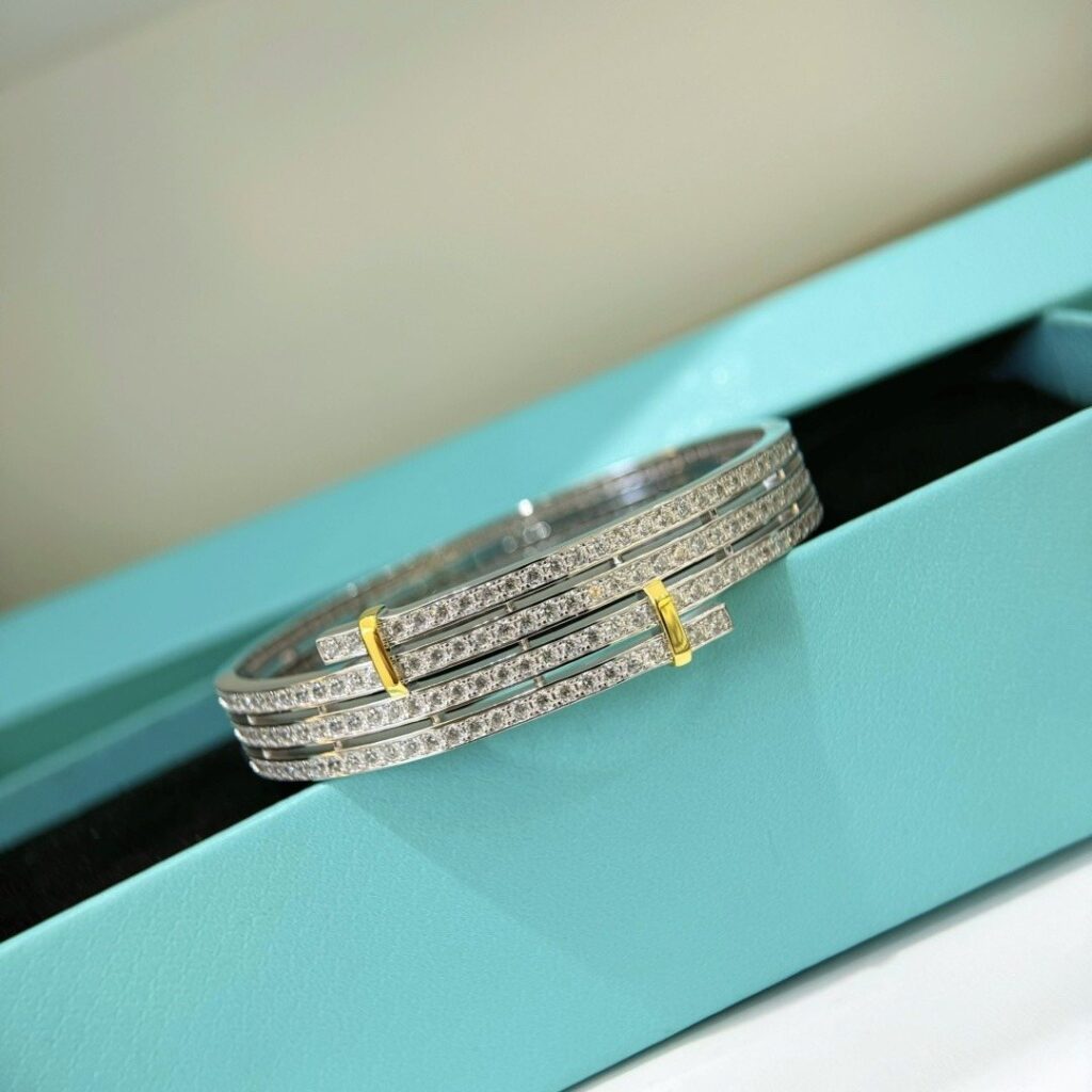 Two Tone 925 Sterling Silver Edge Pave Bangle Wholesale